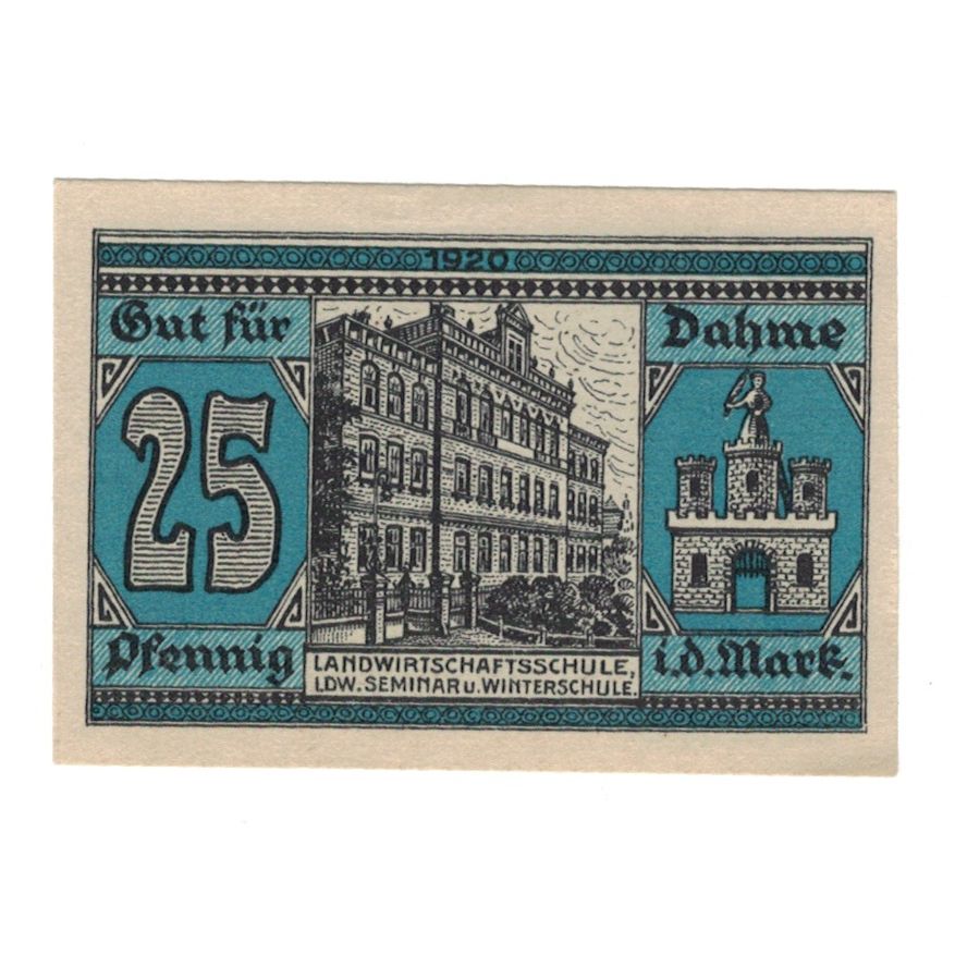 Banknot, Niemcy, Dahme Stadt, 25 Pfennig, Batiment, 1920, AU(55-58), Mehl:D1.1