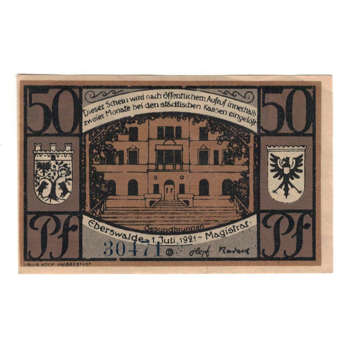 Banknot, Niemcy, Eberswalde, 50 Pfennig, château, 1921, 1921-07-01, UNC(60-62)