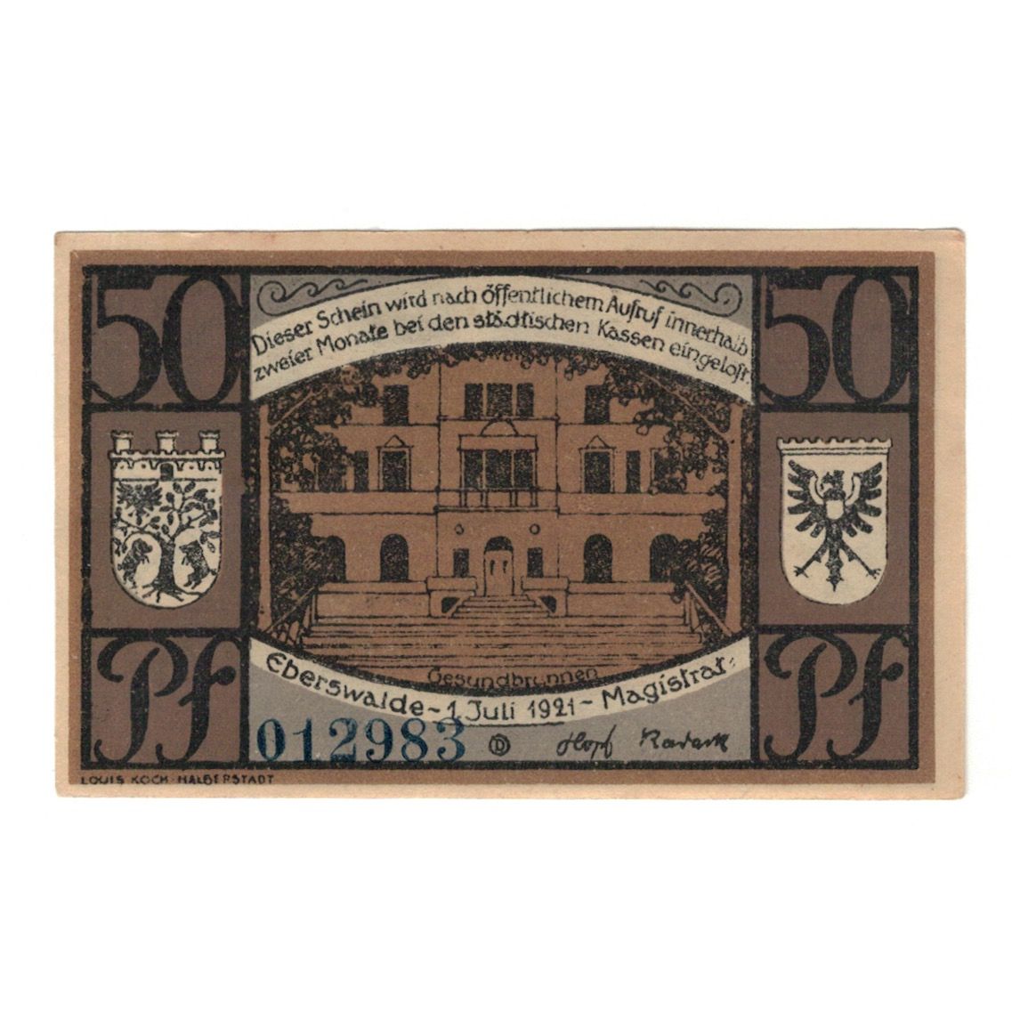 Banknot, Niemcy, Eberswalde, 50 Pfennig, chateau 1, 1921, 1921-07-01