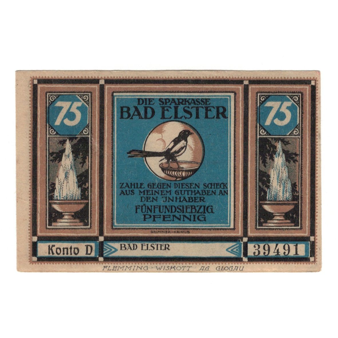 Banconote, Germania, Elster Bad Sparkasse, 75 Pfennig, oiseau, SPL-, Mehl:334.1b