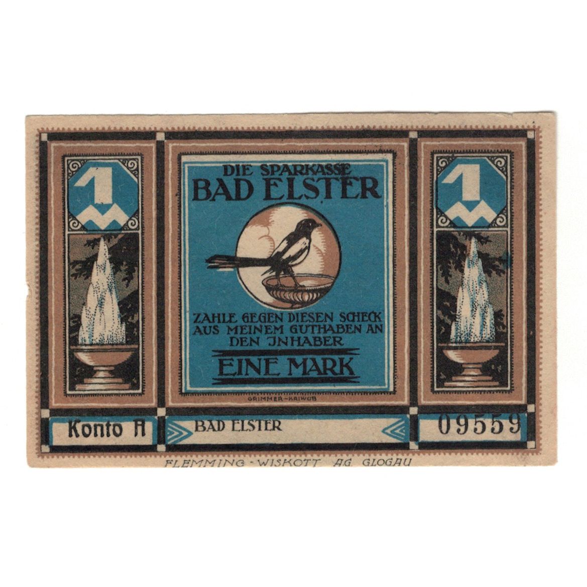 Banknot, Niemcy, Elster Bad Sparkasse, 1 Mark, oiseau, AU(55-58), Mehl:334.1b