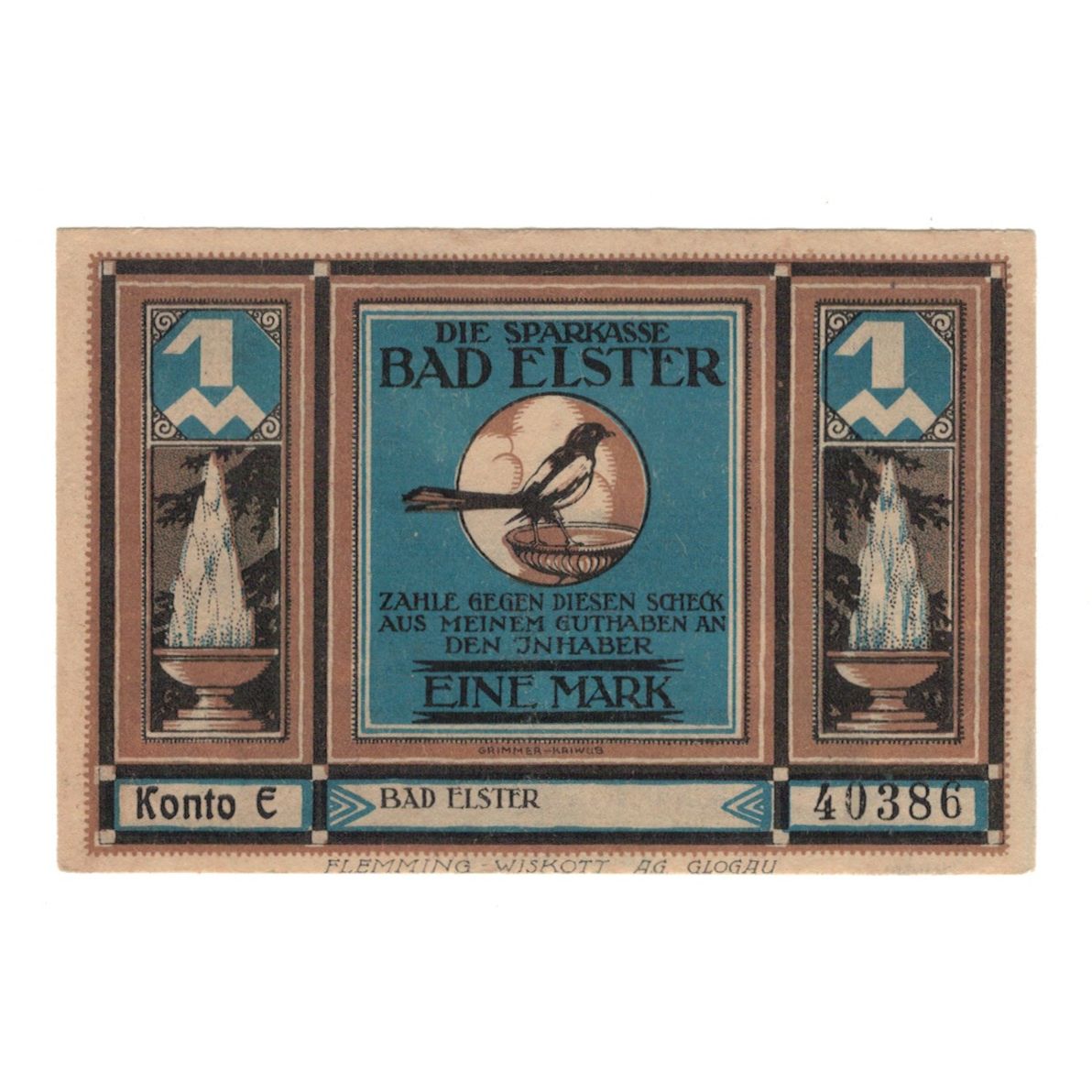 Geldschein, Deutschland, Elster Bad Sparkasse, 1 Mark, Oiseaux 1, VZ