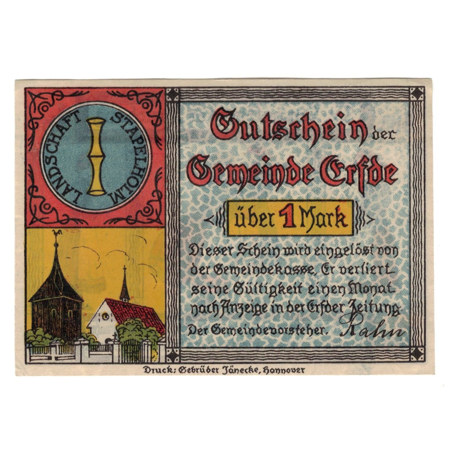 Banknot, Niemcy, Erfde Gemeinde, 1 Mark, personnage, undated (1921), AU(55-58)