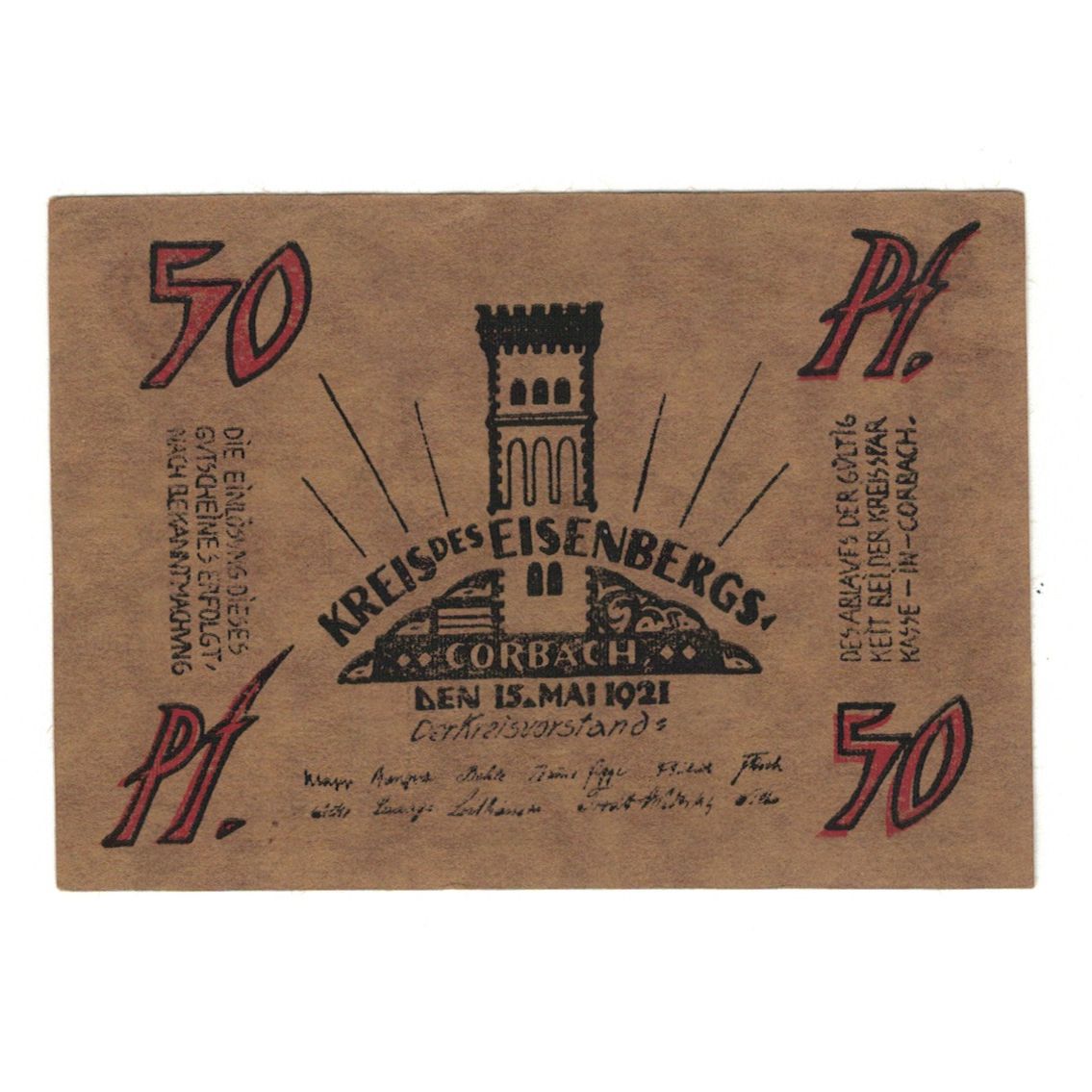 Banknot, Niemcy, Eisenberg Kreis Sitz in Corbach, 50 Pfennig, personnage, 1921
