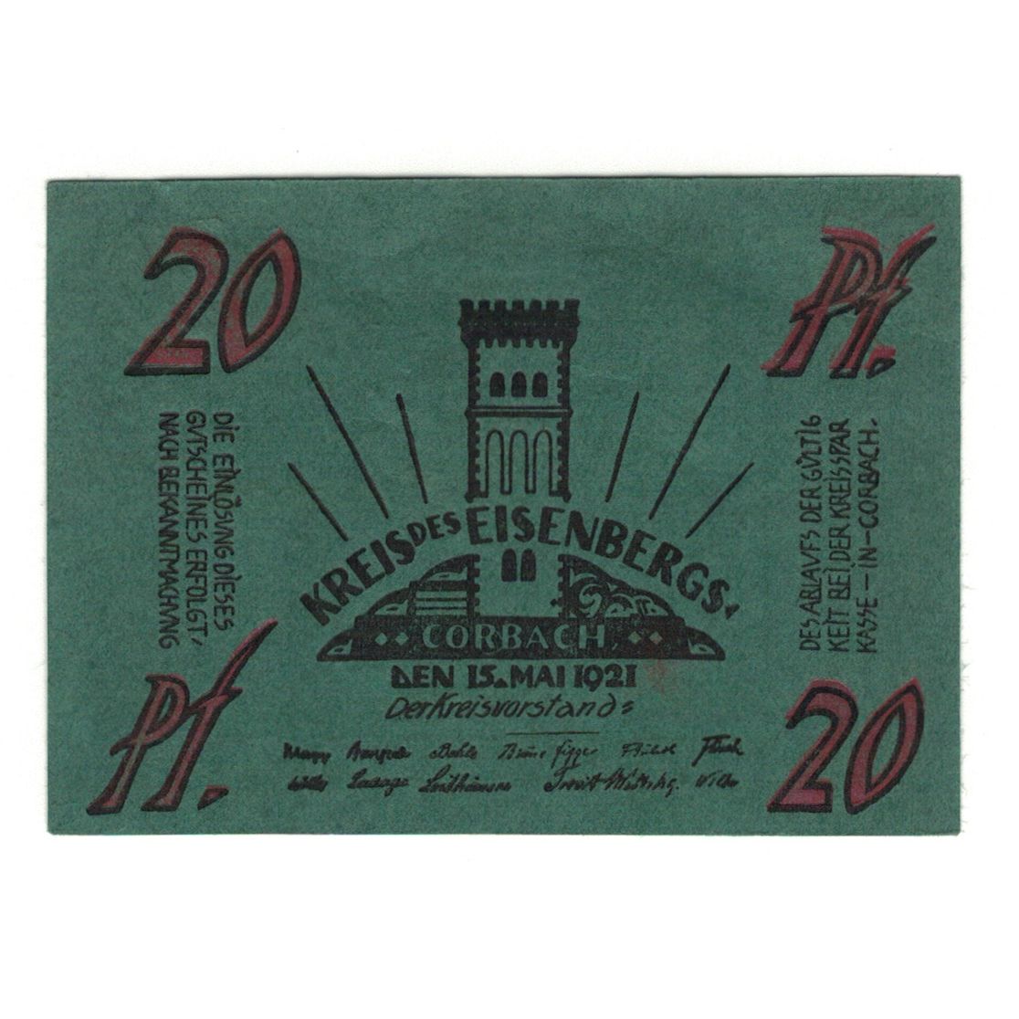 Billete, Alemania, Eisenberg Stadt, 20 Pfennig, tour, 1921, 1921-05-15, UNC