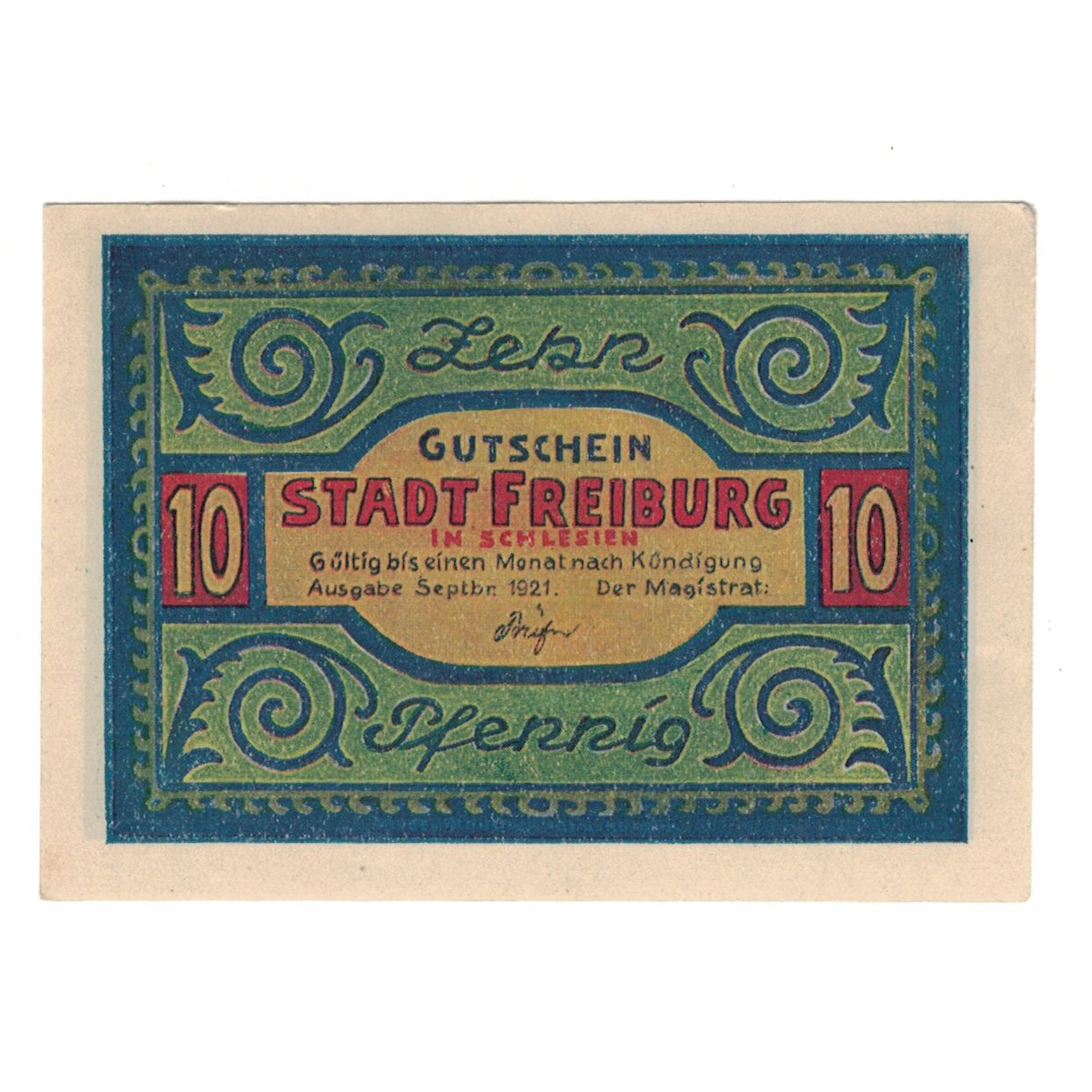 Banconote, Germania, Schlesien, 10 Pfennig, corbeau, 1921, SPL, Mehl:383.1