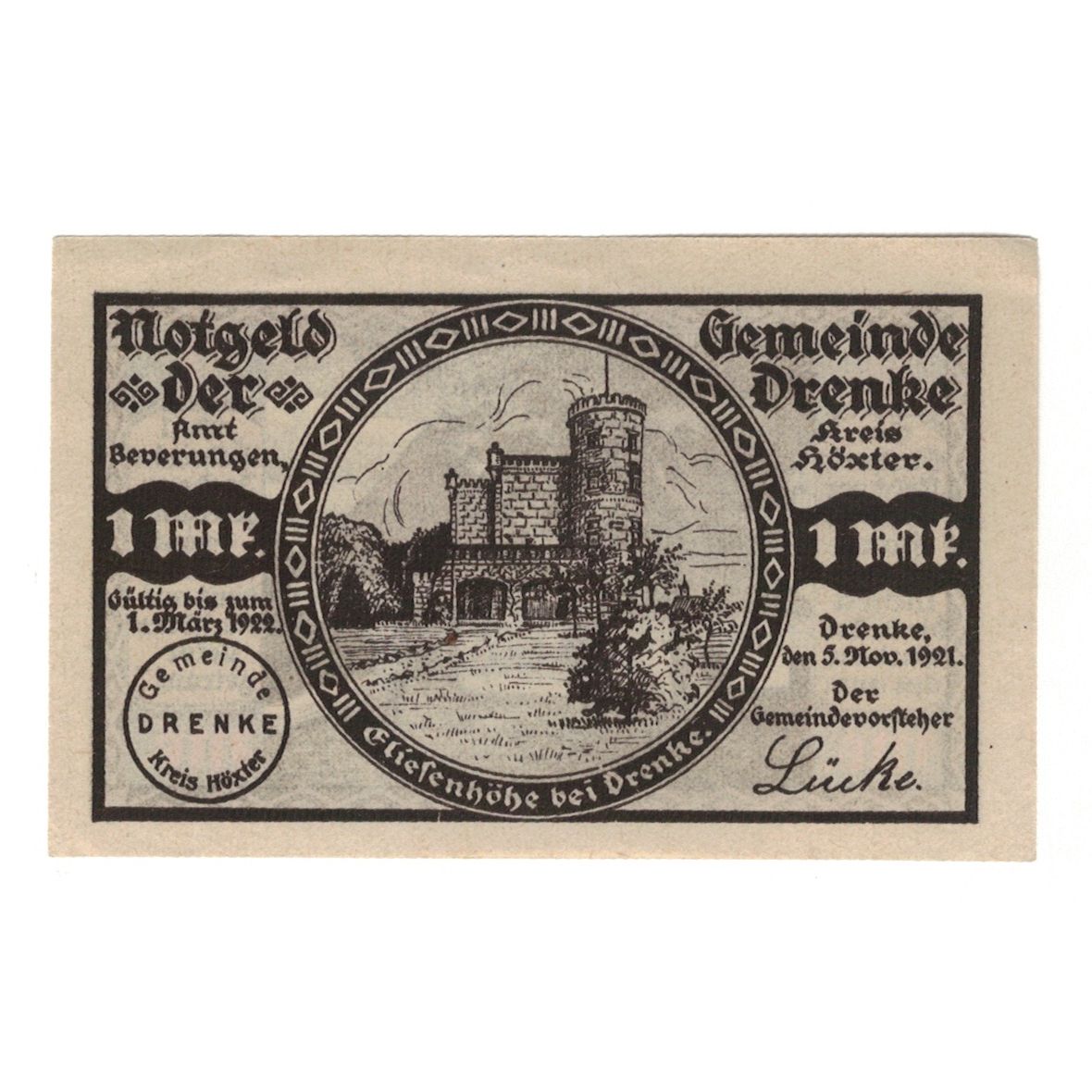 Geldschein, Deutschland, Drenke Gemeinde, 1 Mark, château, 1922, 1922-03-01