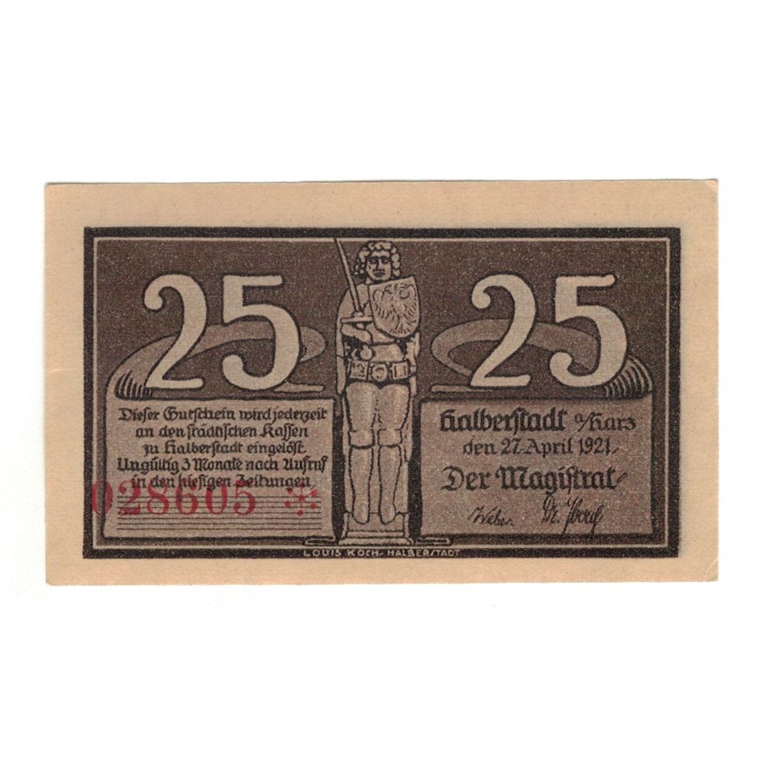 Banknot, Niemcy, Halberstadt, 25 Pfennig, personnage, 1921, 1921-04-27