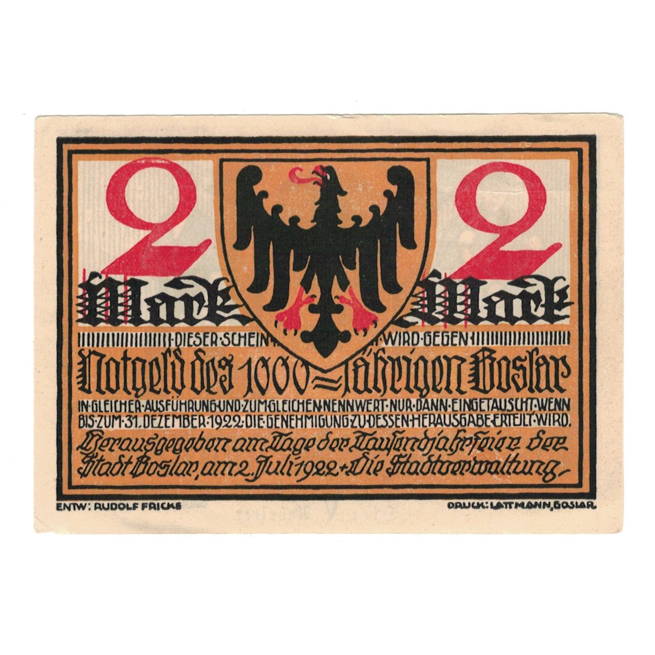 Banknot, Niemcy, Goslar Stadt, 2 Mark, personnage, 1922, 1922-07-02, UNC(60-62)