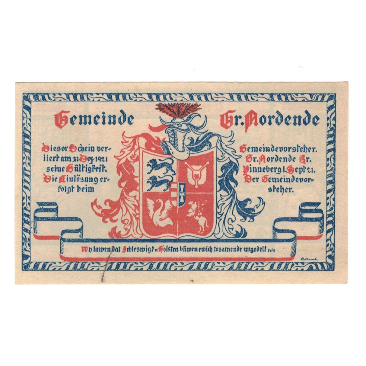Geldschein, Deutschland, Gross Nordende, 1 Mark, animaux 2, 1921, 1921-09-01