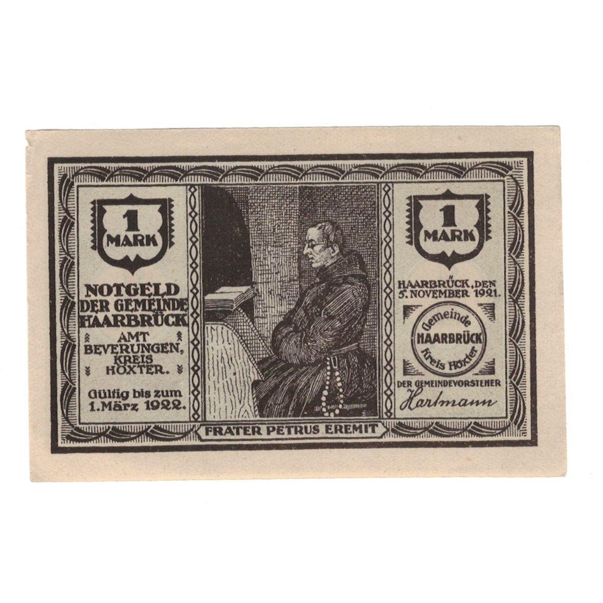 Banknot, Niemcy, Haarbrück, 1 Mark, Eglise, 1921, 1921-11-05, UNC(60-62)