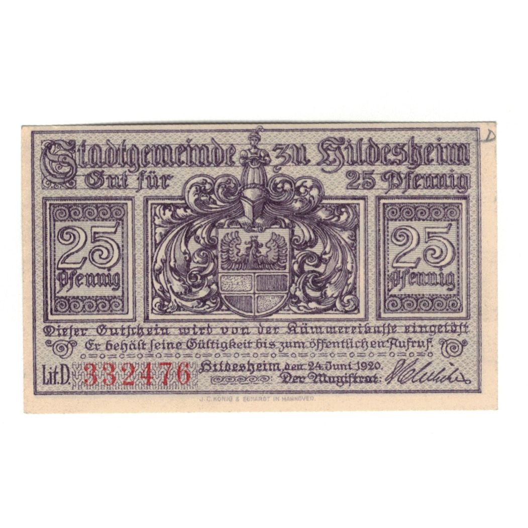 Geldschein, Deutschland, Hildesheim Stadt, 25 Pfennig, paysage 1, 1919