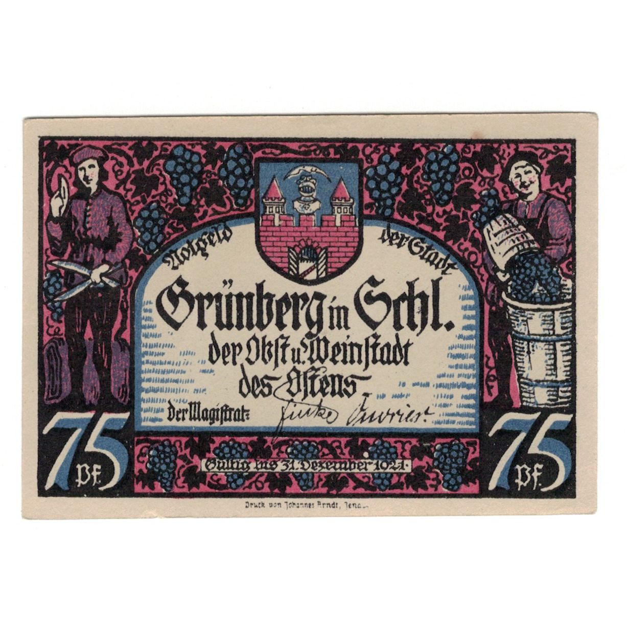 Geldschein, Deutschland, Grunberg Stadt, 75 Pfennig, personnage, 1921