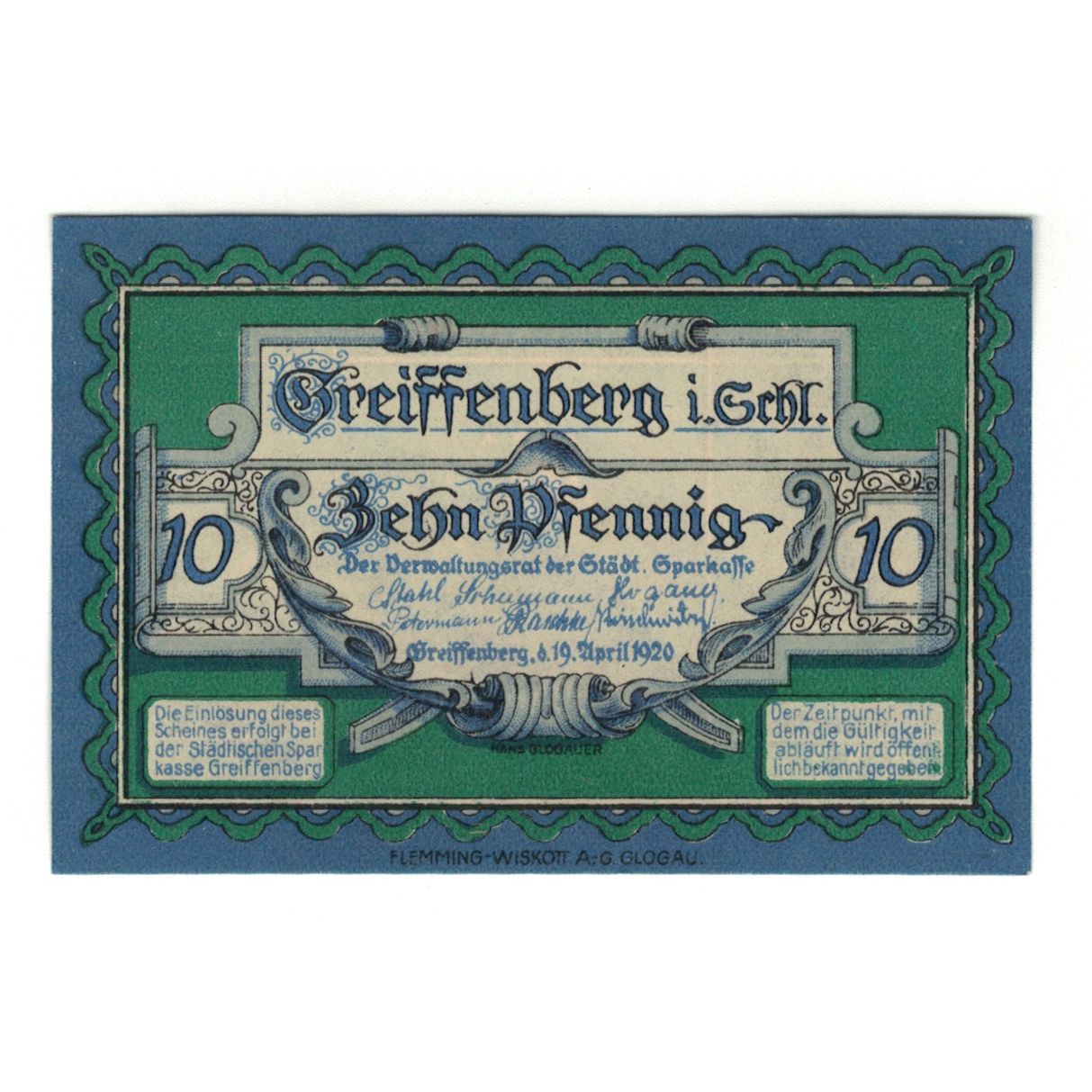 Banknot, Niemcy, Greiffenberg, 10 Pfennig, ruine 1, 1920, 1920-04-19