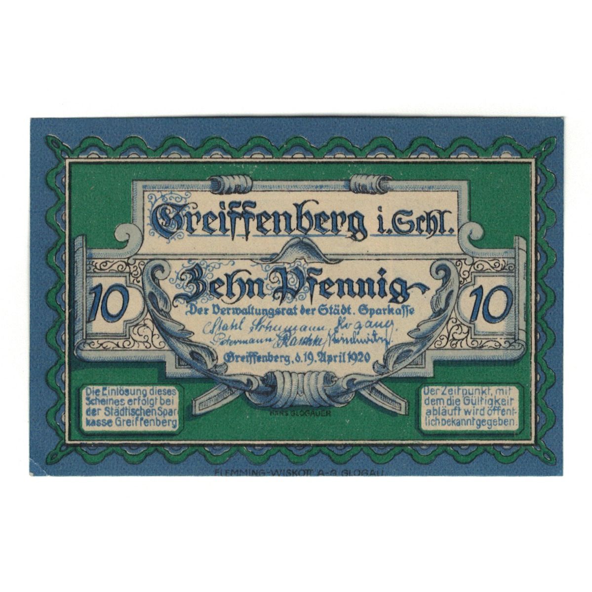 Banconote, Germania, Greiffenberg, 10 Pfennig, ruine 2, 1920, 1920-04-19, SPL