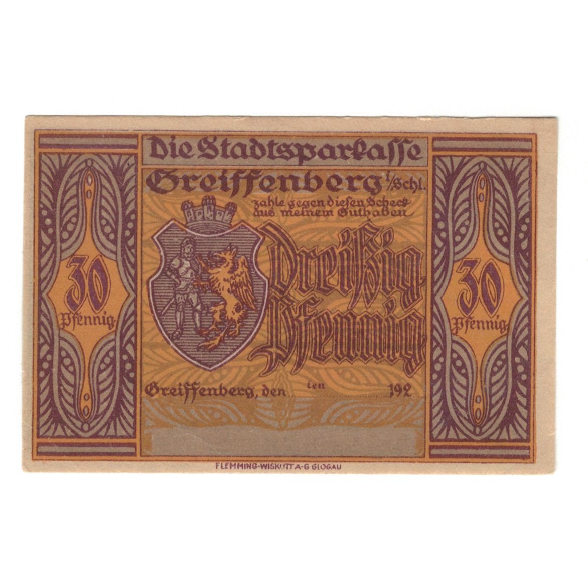 Banknot, Niemcy, Greiffenberg, 30 Pfennig, personnage 1, UNC(60-62), Mehl:470.3b