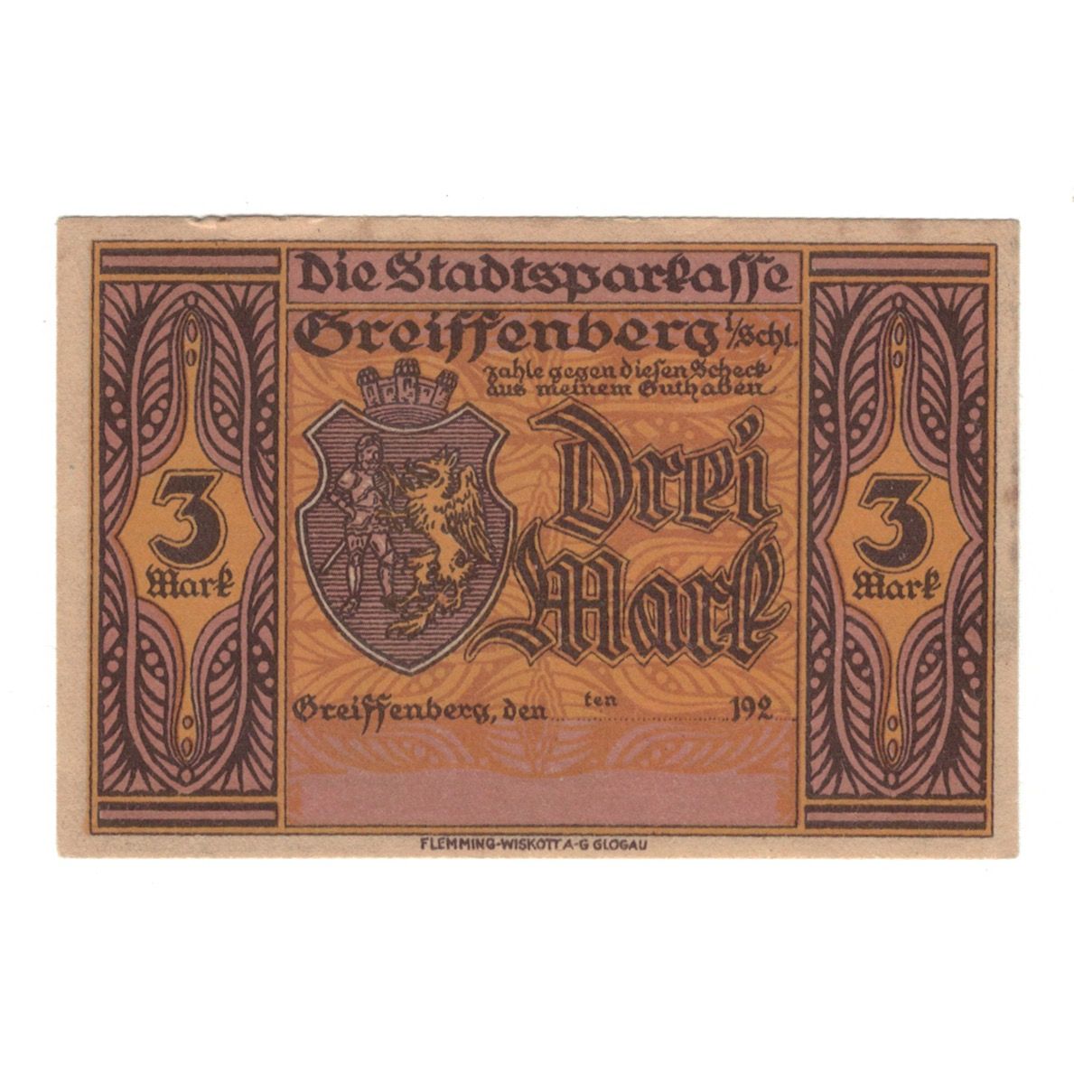 Banknote, Germany, Greiffenberg, 3 Mark, personnage, UNC(60-62), Mehl:470.3b