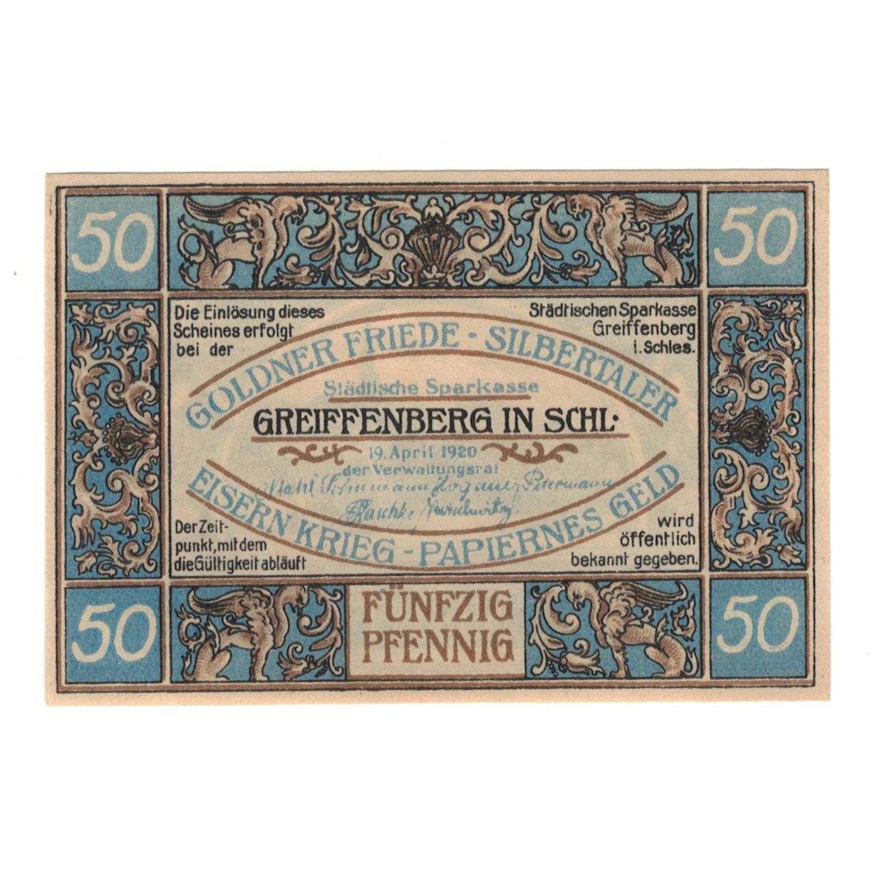 Geldschein, Deutschland, Greiffenberg, 50 Pfennig, paysage 1, 1920, 1920-04-19