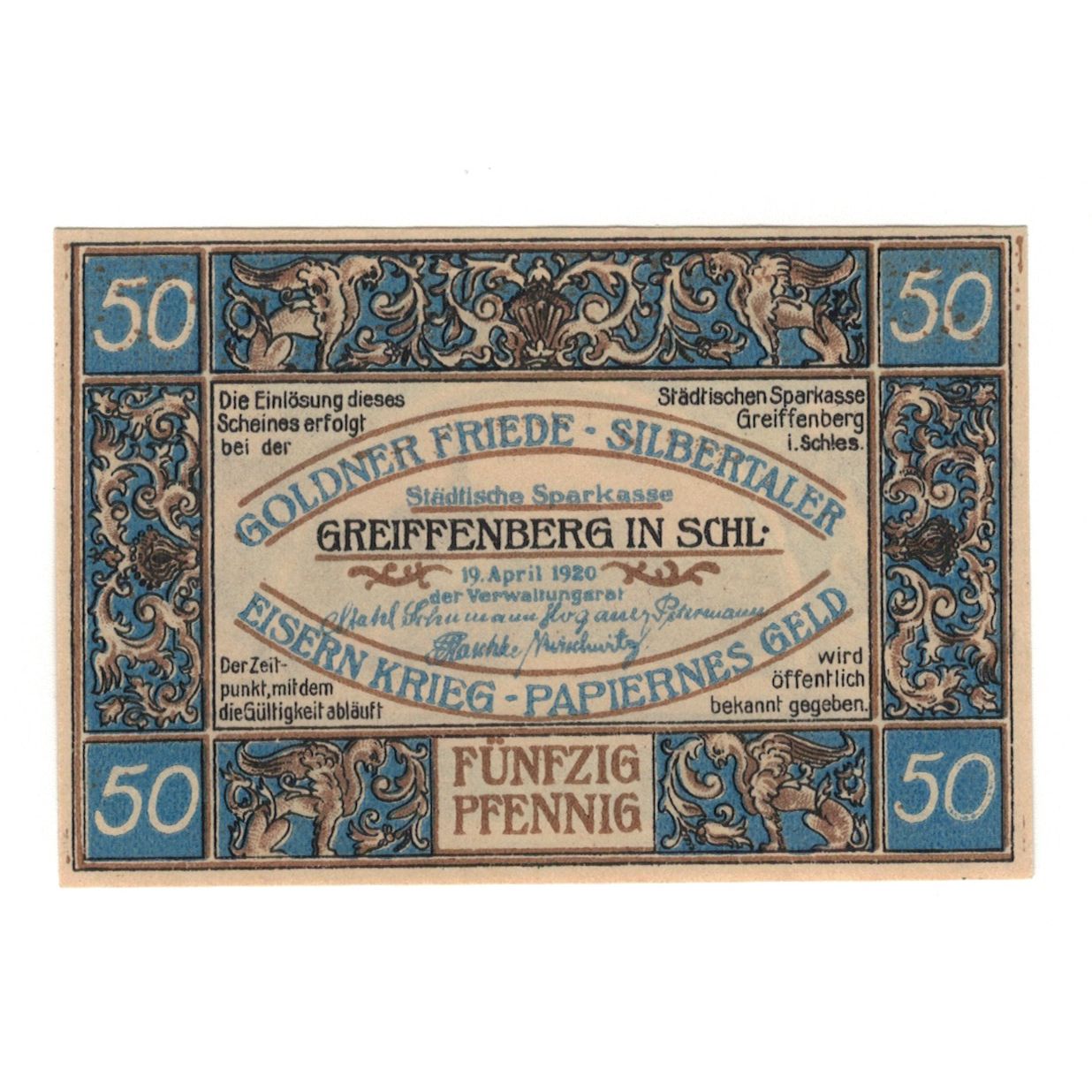 Banknot, Niemcy, Greiffenberg, 50 Pfennig, paysage 2, 1920, 1920-04-19