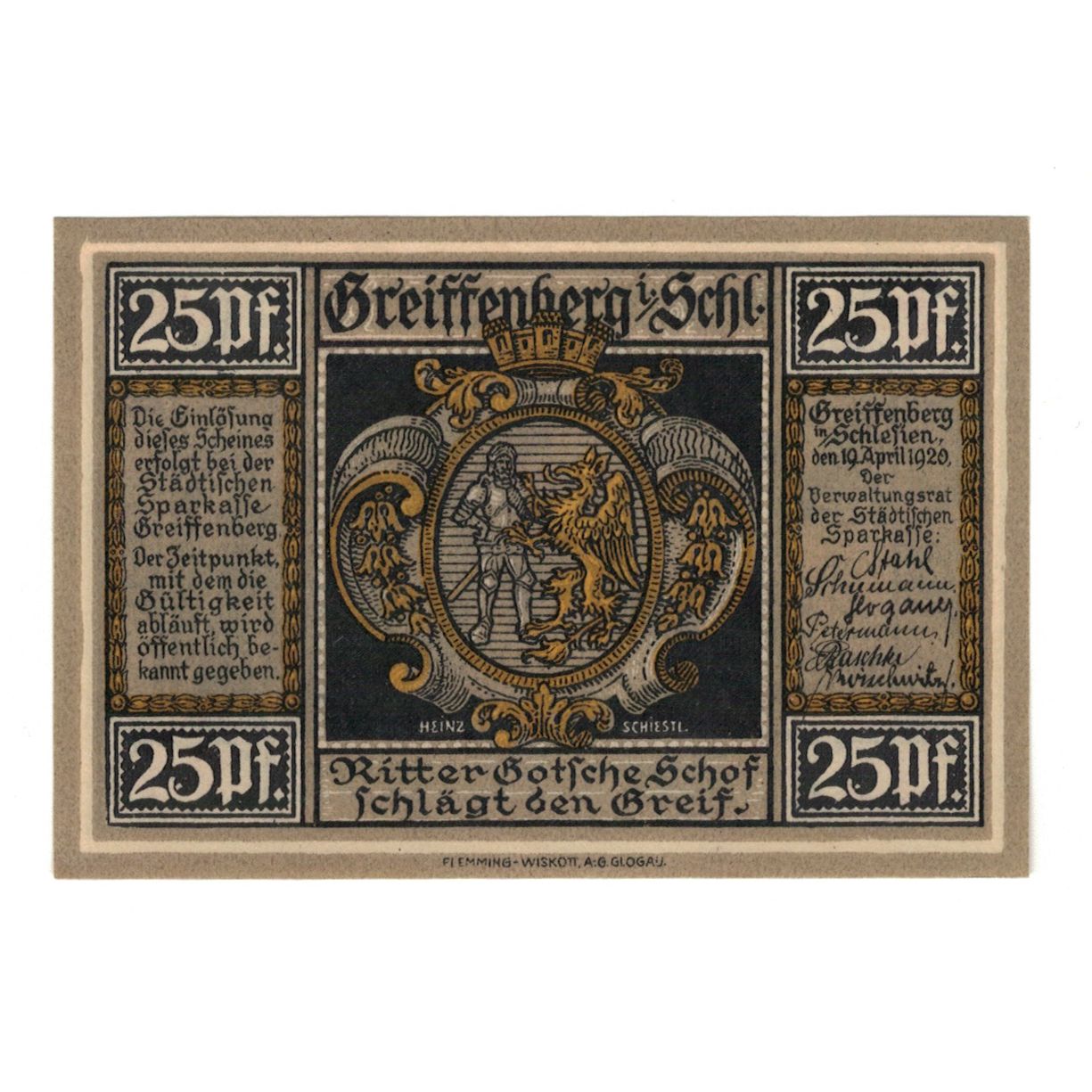 Banknot, Niemcy, Greiffenberg, 25 Pfennig, personnage 1, 1920, 1920-04-19