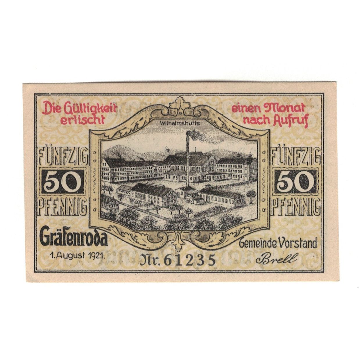 Banknot, Niemcy, Grafenroda, 50 Pfennig, Usine 1, 1921, 1921-08-01, UNC(63)