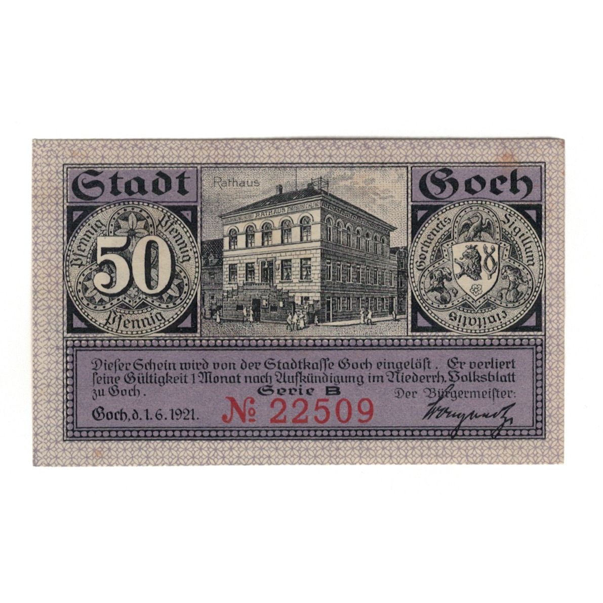 Geldschein, Deutschland, Goch, 50 Pfennig, Monument, 1921, 1921-06-01, UNZ