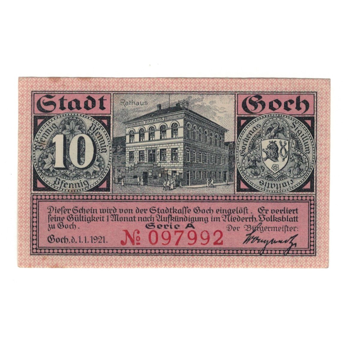 Geldschein, Deutschland, Goch, 10 Pfennig, Monument, 1921, 1921-06-01, UNZ