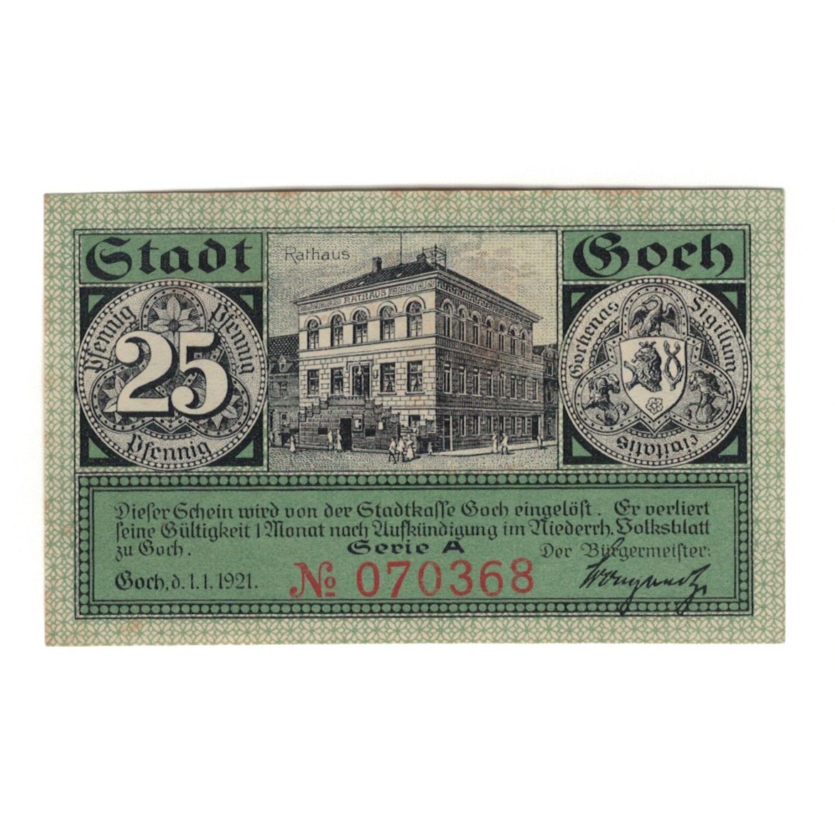 Banknot, Niemcy, Goch, 25 Pfennig, Monument, 1921, 1921-06-01, UNC(65-70)