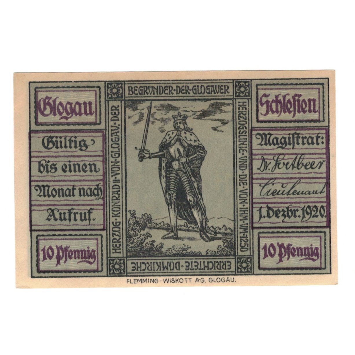 Banknot, Niemcy, Glogau, 10 Pfennig, Abbaye, 1920, 1920-12-01, UNC(60-62)