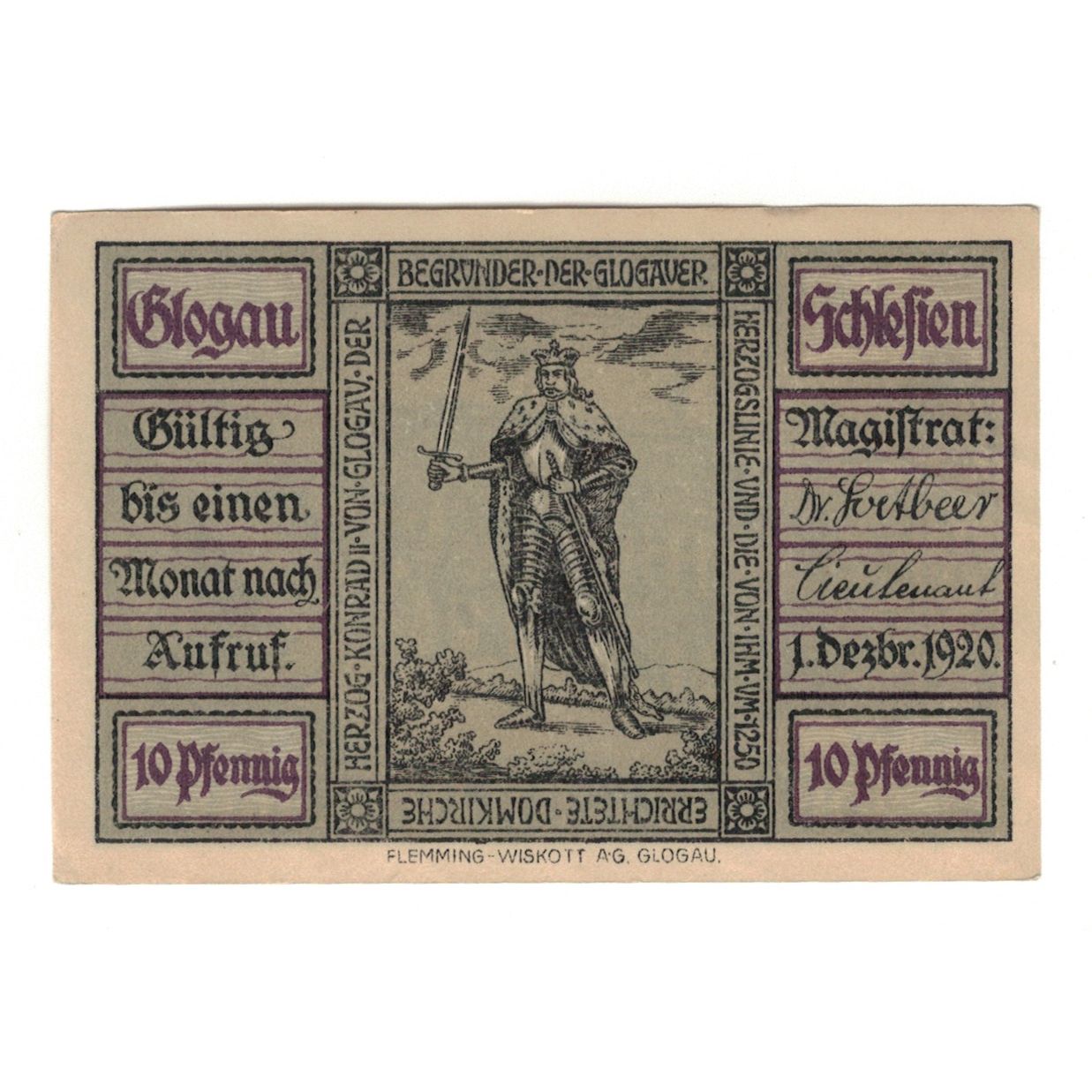 Geldschein, Deutschland, Glogau, 10 Pfennig, personnage, 1920, 1920-12-01, VZ+