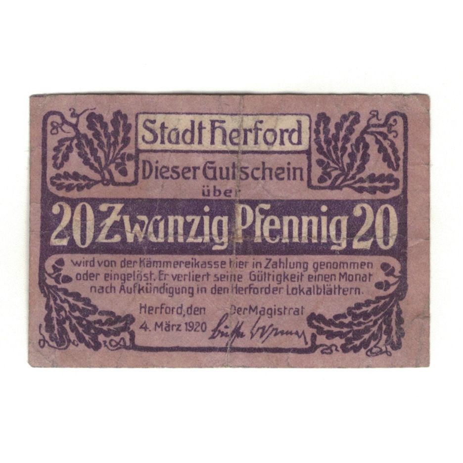 Banknot, Niemcy, Herford Stadt, 20 Pfennig, personnage, 1920, 1920-03-04
