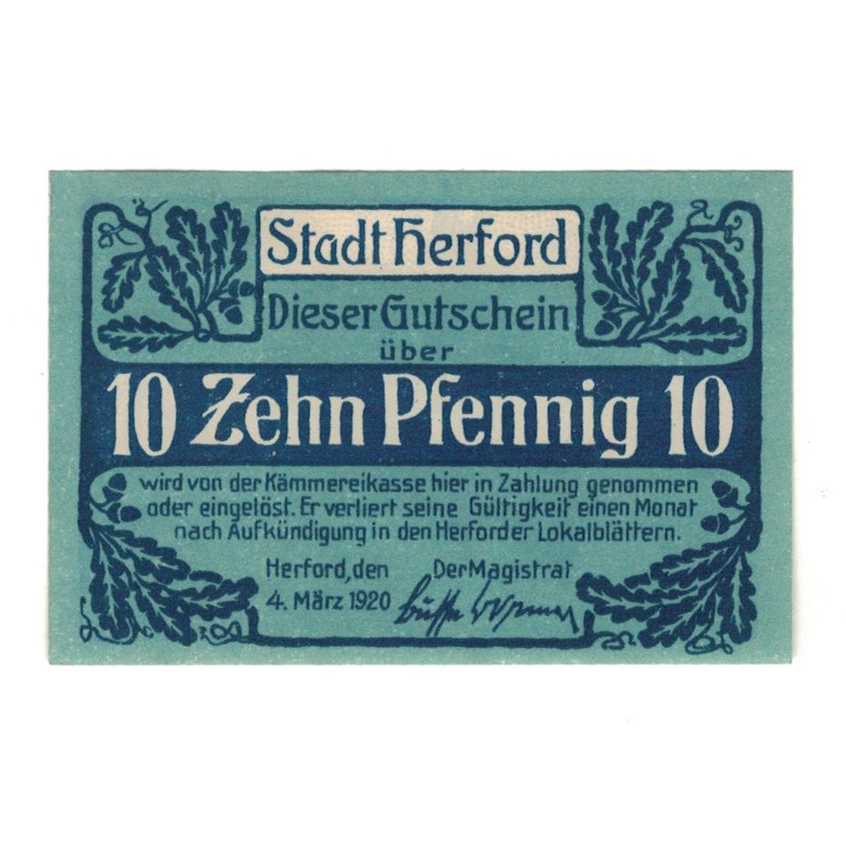 Geldschein, Deutschland, Herford Stadt, 10 Pfennig, personnage, 1920