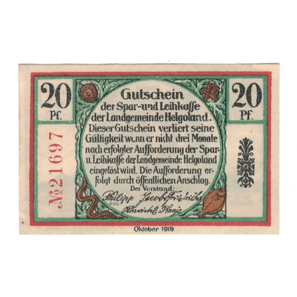 Banconote, Germania, Helgoland Spar & Leihkasse der Landgemeinde, 20 Pfennig