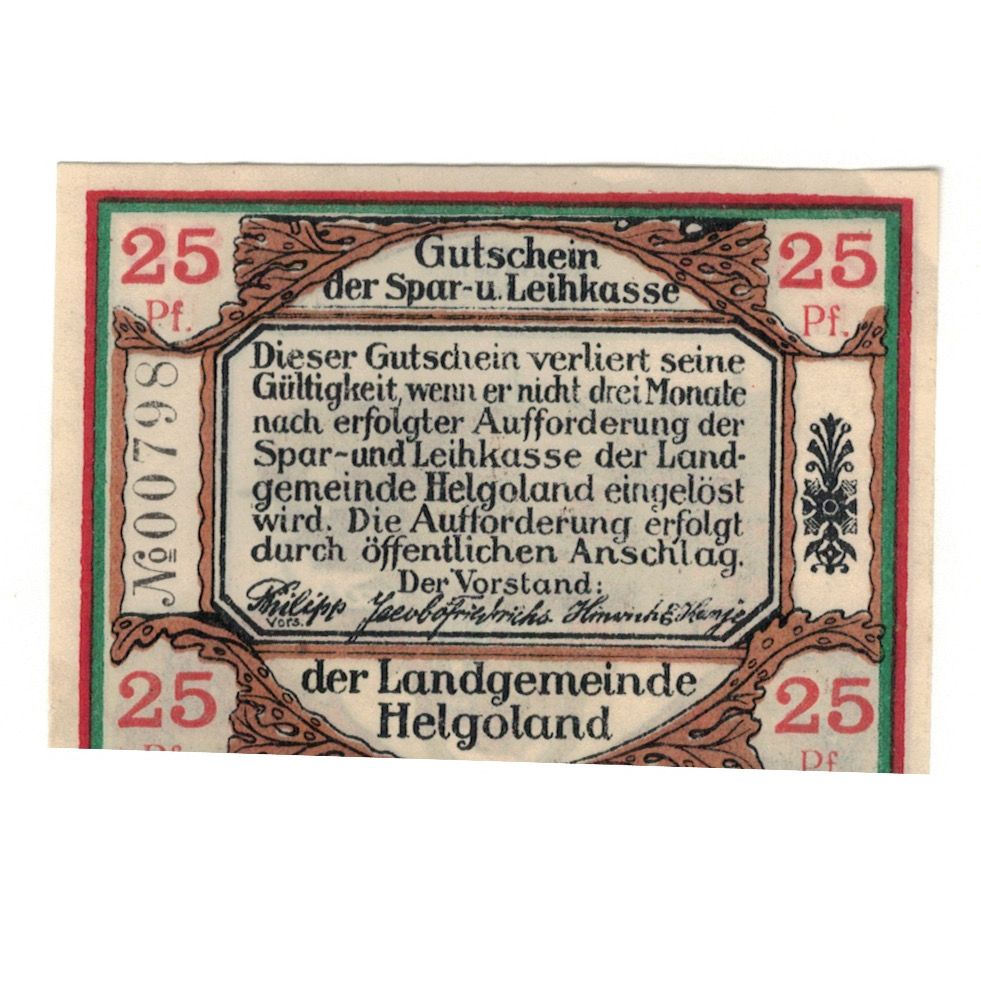 Geldschein, Deutschland, Helgoland Spar & Leihkasse der Landgemeinde, 25