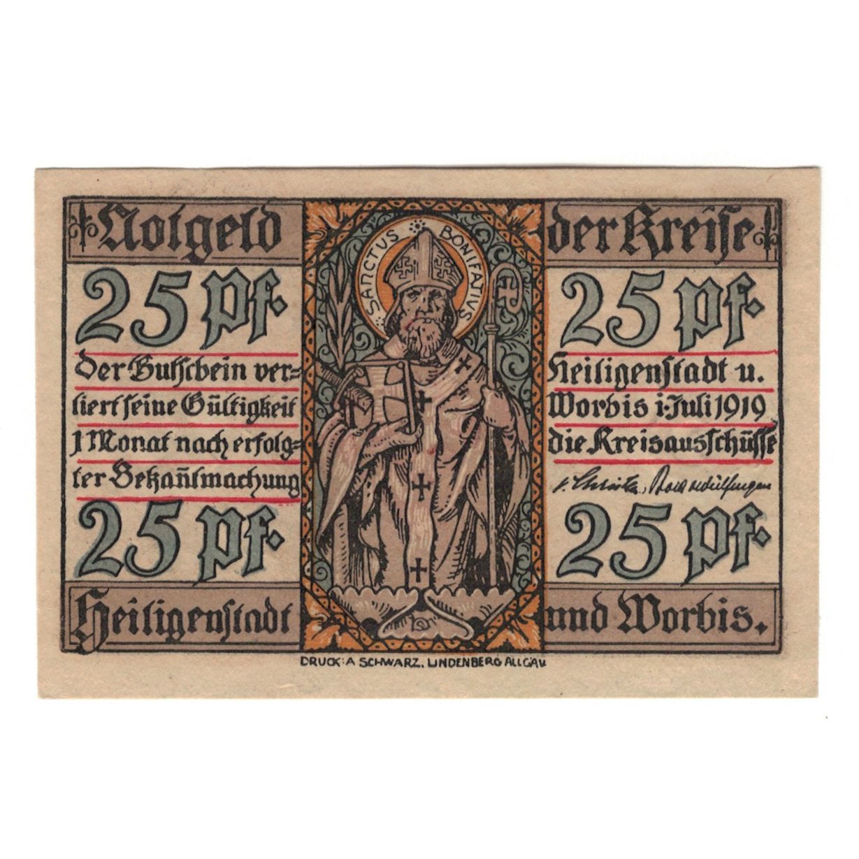 Banknot, Niemcy, Heilingenstadt, 25 Pfennig, personnage, 1919, 1919-07-01