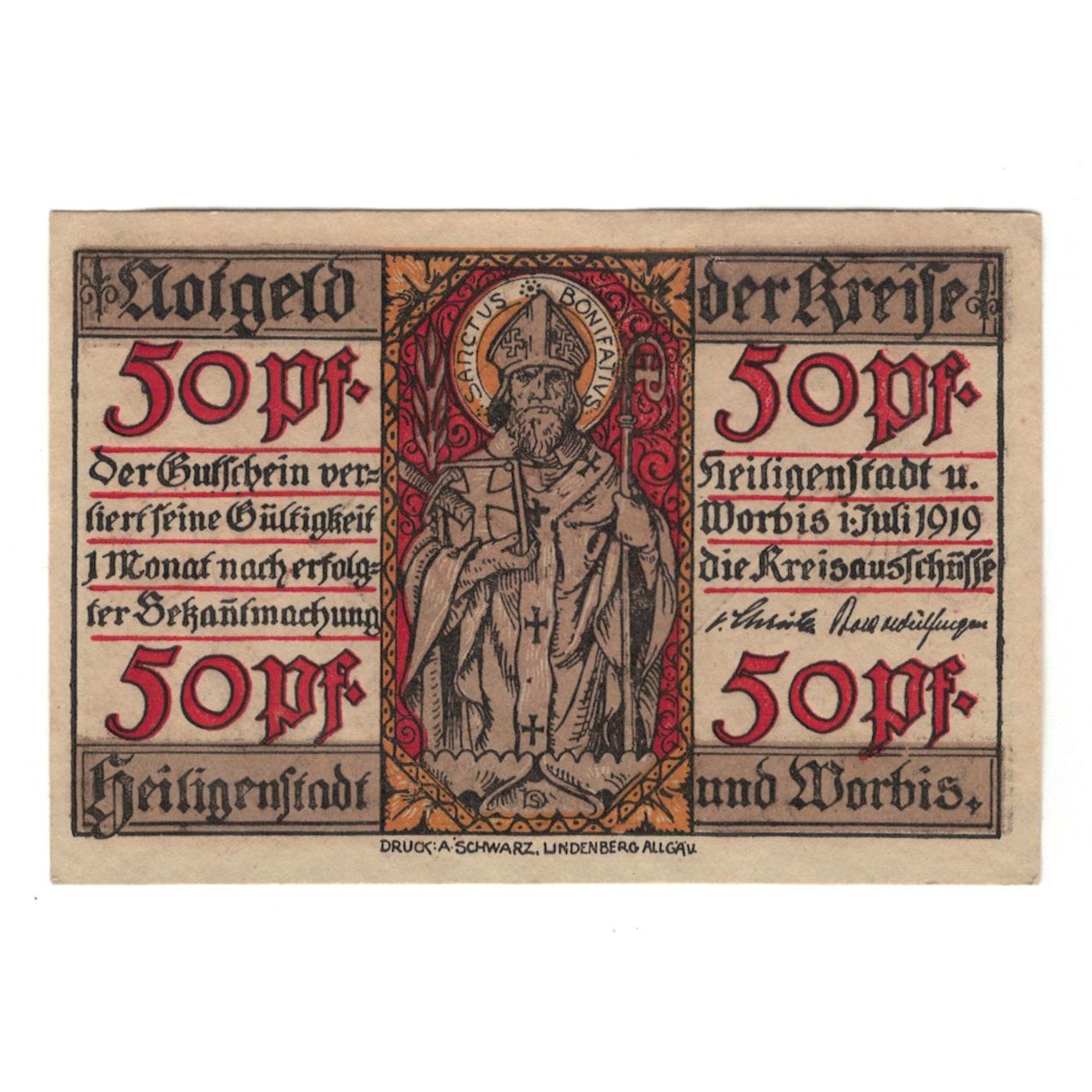 Billete, Alemania, Heilingenstadt, 50 Pfennig, personnage, 1919, 1919-07-01