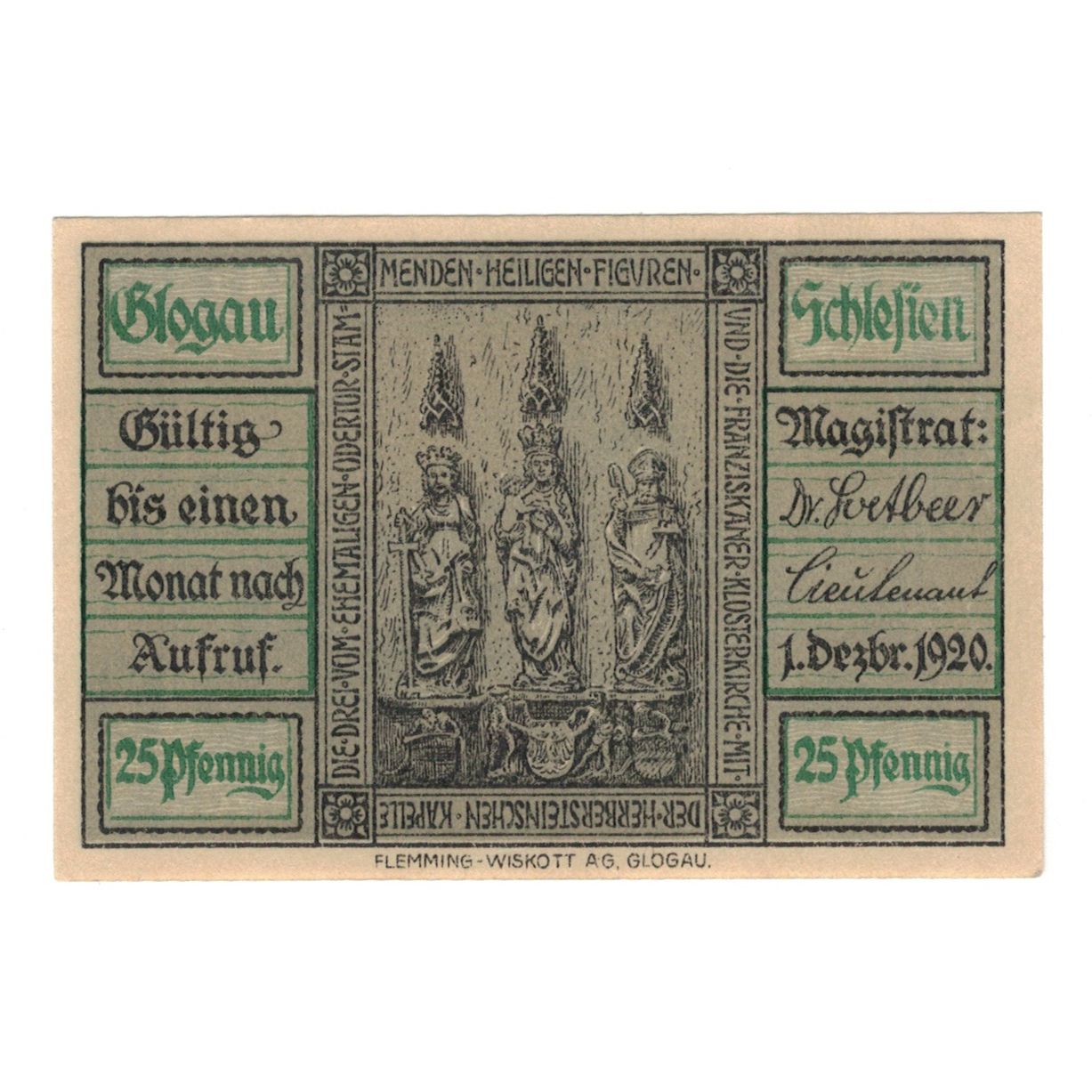 Billet, Allemagne, Glogau Stadt, 25 Pfennig, statue, 1920, 1920-12-01, SUP+