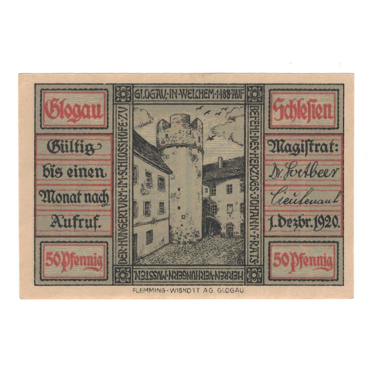 Geldschein, Deutschland, Glogau Stadt, 50 Pfennig, Texte, 1920, 1920-12-01, VZ+