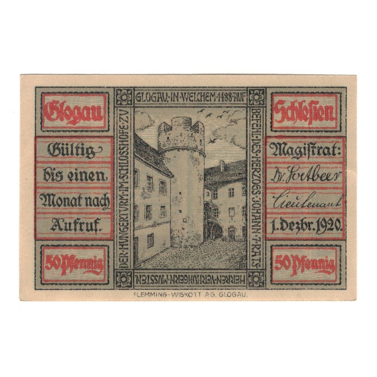 Banconote, Germania, Glogau Stadt, 50 Pfennig, texte 1, 1920, 1920-12-01, SPL