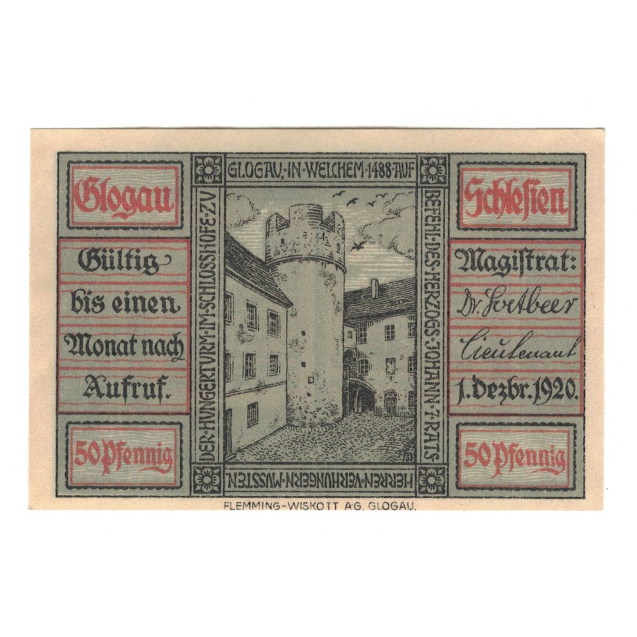 Banknot, Niemcy, Glogau Stadt, 50 Pfennig, Texte 2, 1920, 1920-12-01