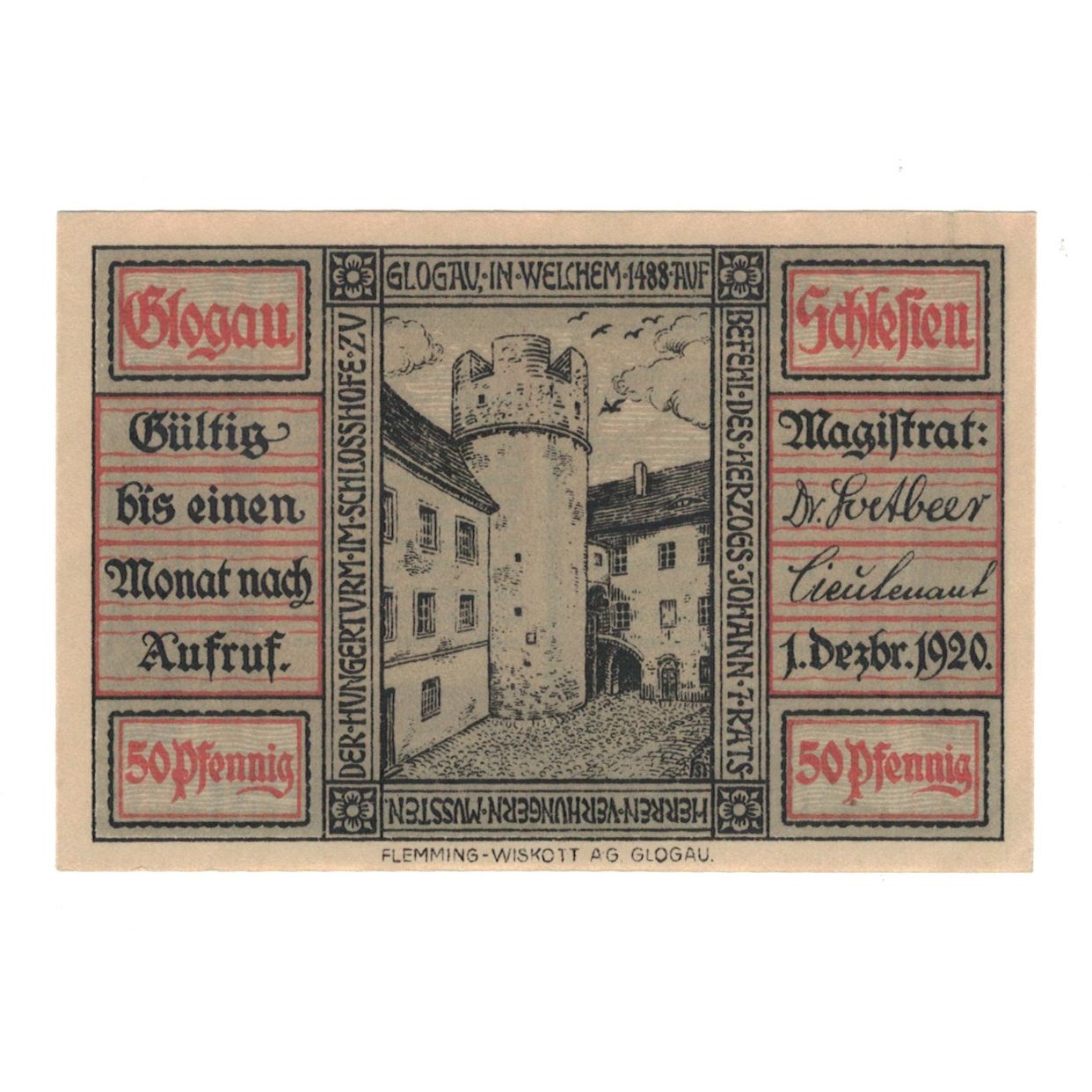 Banknot, Niemcy, Glogau Stadt, 50 Pfennig, Texte 3, 1920, 1920-12-01