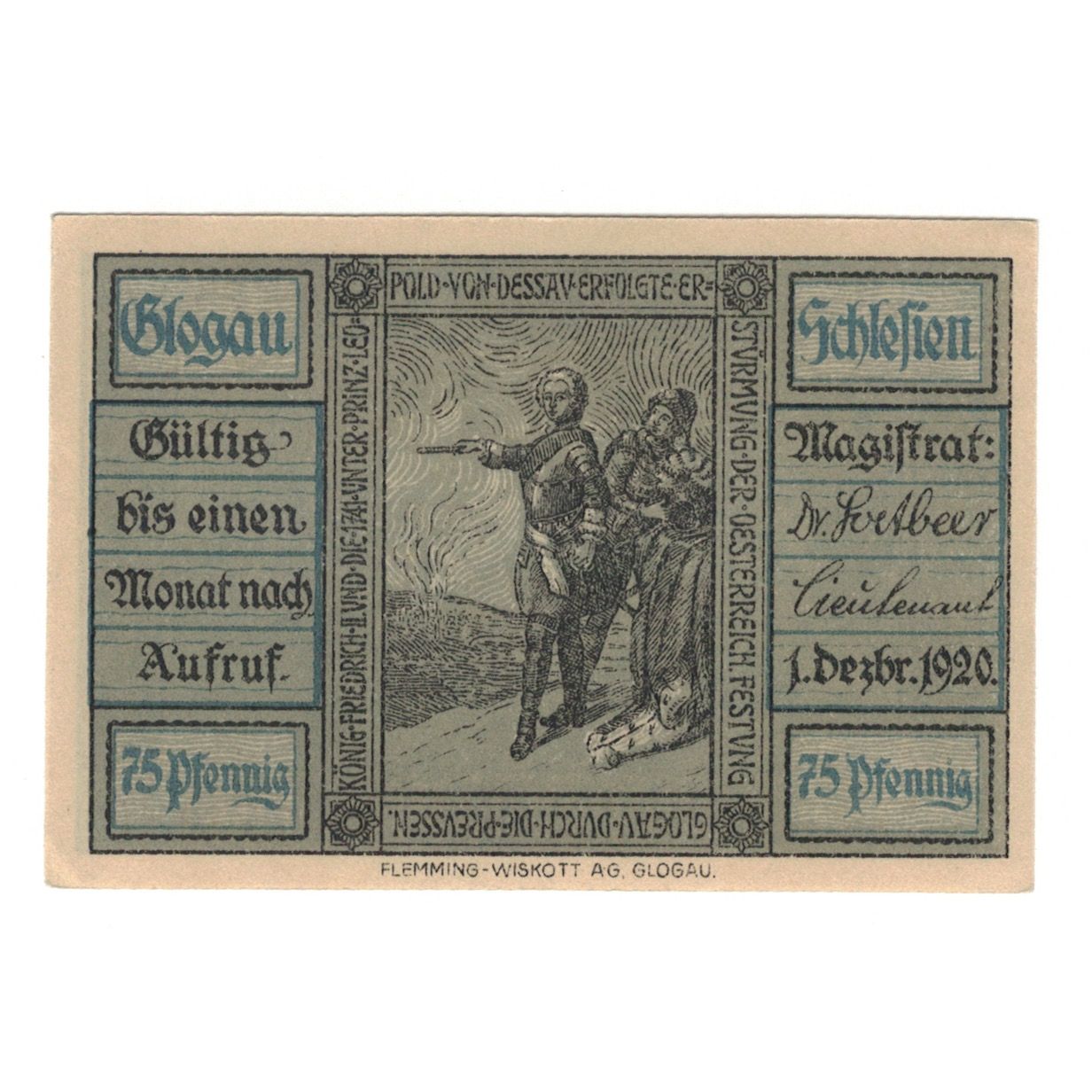 Geldschein, Deutschland, Glogau Stadt, 75 Pfennig, Bataille, 1920, 1920-12-01