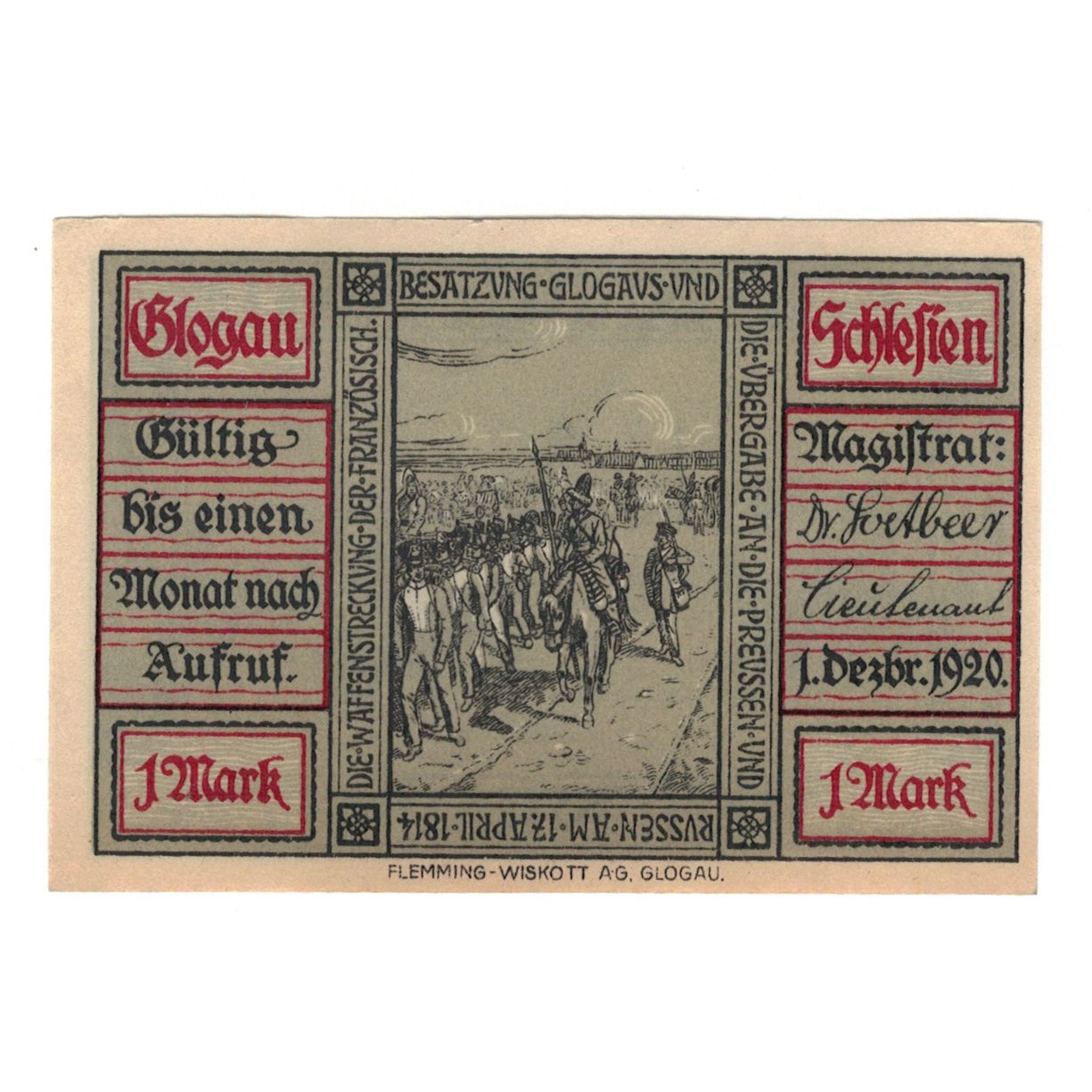 Geldschein, Deutschland, Glogau Stadt, 1 Mark, cavalier, 1920, 1920-12-01, VZ+