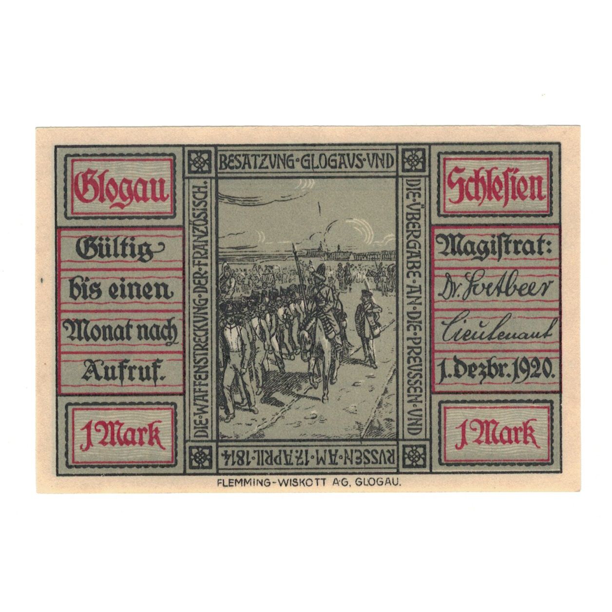 Geldschein, Deutschland, Glogau Stadt, 1 Mark, cavalier 1, 1920, 1920-12-01