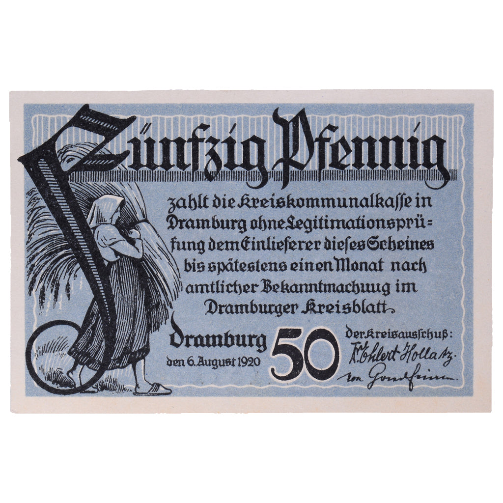 Banknot, Niemcy, Dramburg Kreisausschuß, 50 Pfennig, personnage, 1920