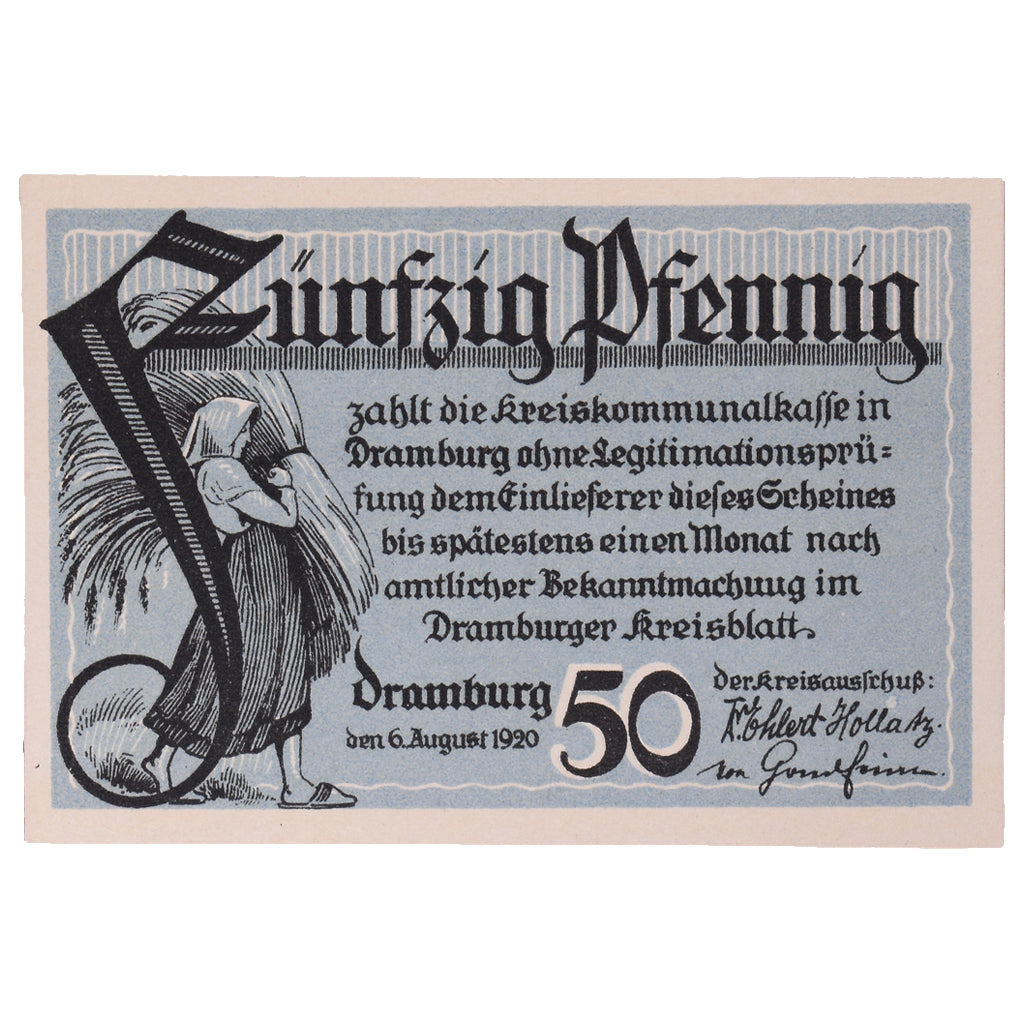 Banconote, Germania, Dramburg Kreisausschuß, 50 Pfennig, personnage 1, 1920