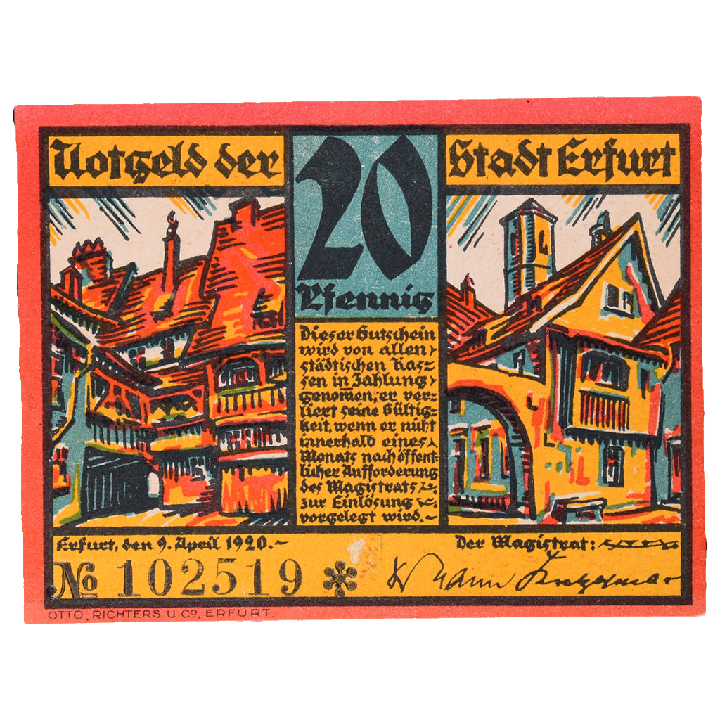 Banknot, Niemcy, Erfurt Stadt, 20 Pfennig, Batiment, 1920, 1920-04-09