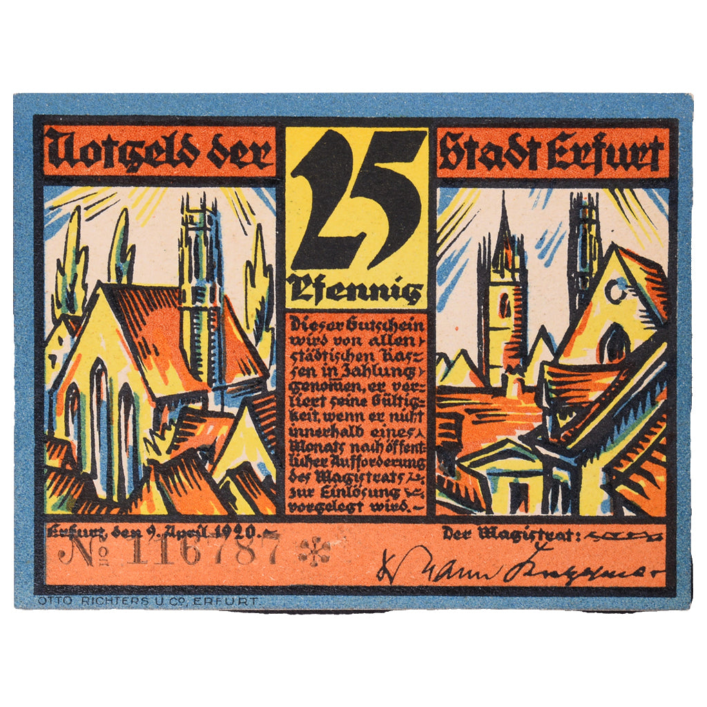 Banknot, Niemcy, Erfurt Stadt, 25 Pfennig, Batiment, 1920, 1920-04-09