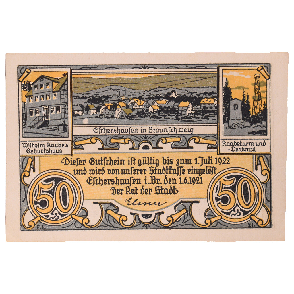 Banconote, Germania, Eschershausen, 50 Pfennig, personnage 3, 1921, 1921-06-01