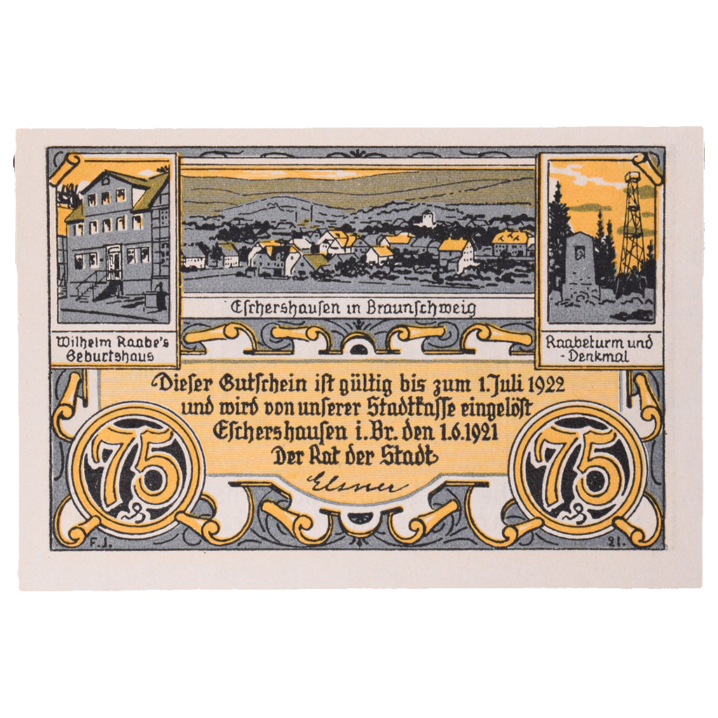 Banknot, Niemcy, Eschershausen, 75 Pfennig, Monument, 1921, 1921-06-01